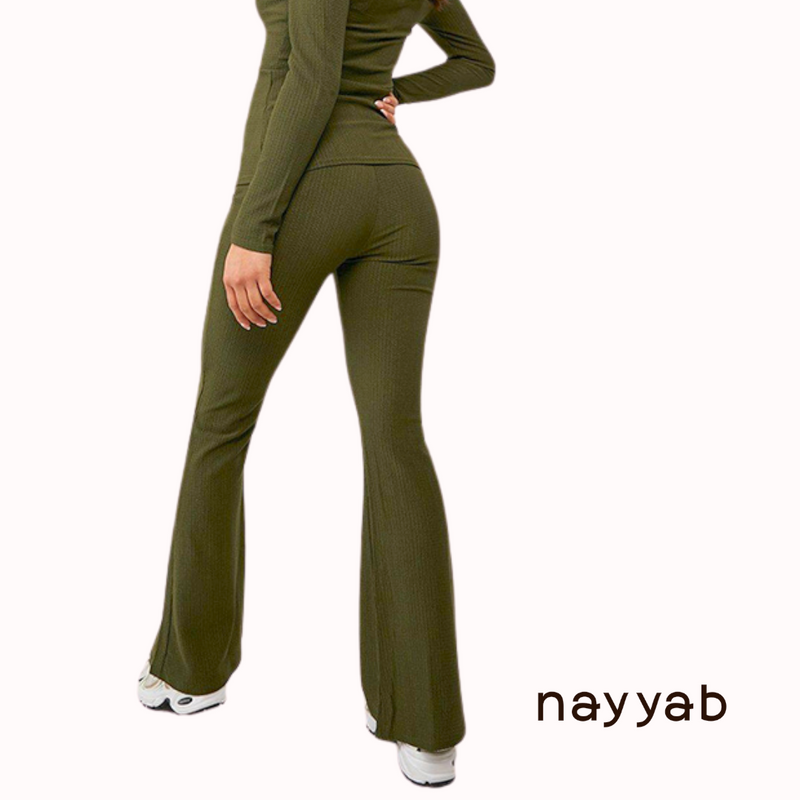 Khaki - Flared Rib Trousers